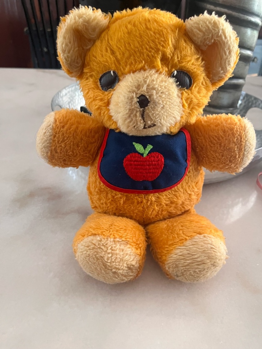 Vintage Fisher Price 1975 Orange Freddy Teddy Bear Apple Bib Squeaks